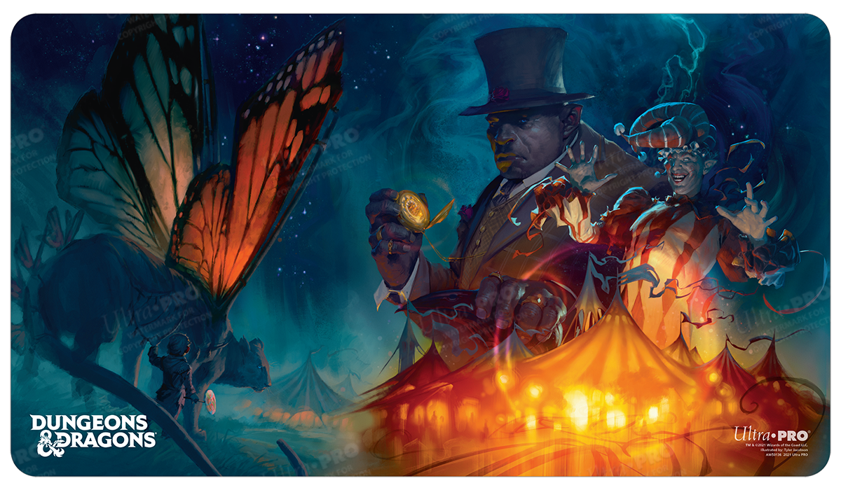 A Dungeons & Dragons The Wild Beyond the Witchlight Standard Gaming Playmat by Ultra PRO. Features a circus theme with a butterfly, a man in a top hat, and a jester.