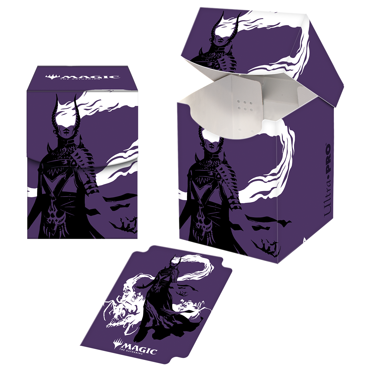 A purple Ashiok deck box and card sleeve bundle for Magic: The Gathering. Brand: Ultra Pro.