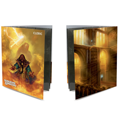 A Dungeons & Dragons Cleric Class Folio by Ultra PRO. Features artwork of a cleric casting a spell and a grand library.