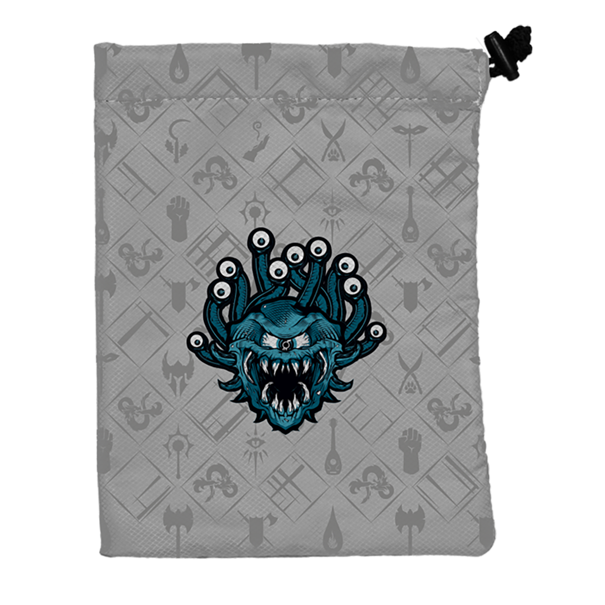 A grey Dungeons & Dragons Beholder dice bag. Brand: Ultra PRO, Item: Hydro74 Treasure Nest Dice Bag.