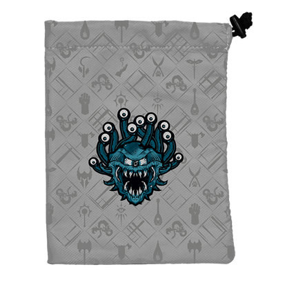 A grey Dungeons & Dragons Beholder dice bag. Brand: Ultra PRO, Item: Hydro74 Treasure Nest Dice Bag.