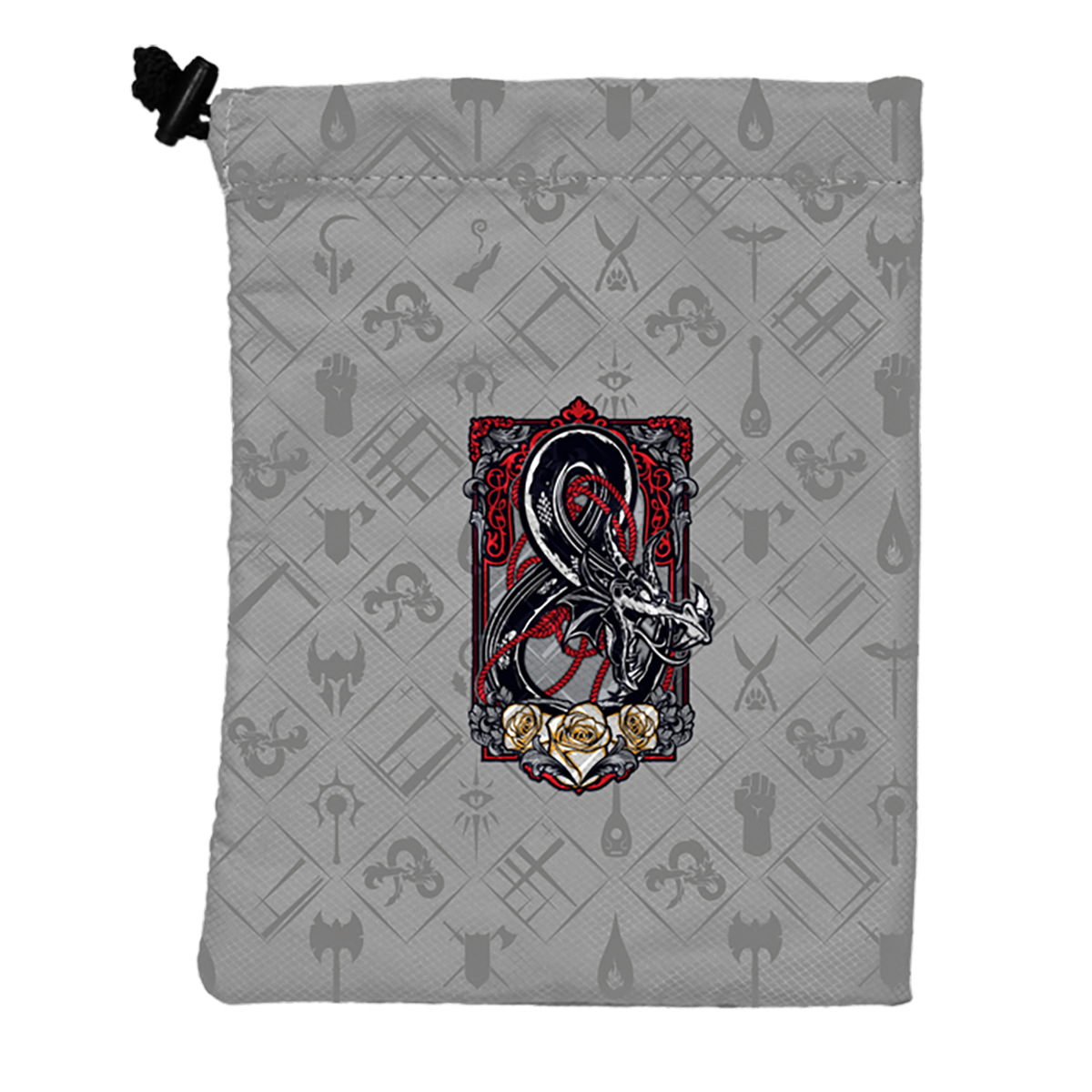 A gray Dungeons & Dragons dice bag featuring a black and red dragon design with roses. Brand: Hydro74, Item: Treasure Nest Dice Bag.