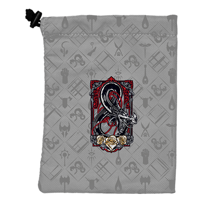 A gray Dungeons & Dragons dice bag featuring a black and red dragon design with roses. Brand: Hydro74, Item: Treasure Nest Dice Bag.