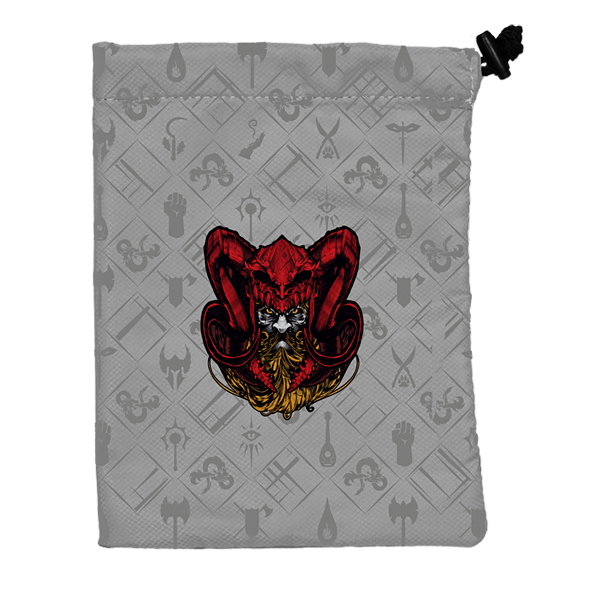 A grey Dungeons & Dragons dice bag featuring a red demon skull with horns and a golden beard. Brand: Hydro74, Item: Treasure Nest Dice Bag.