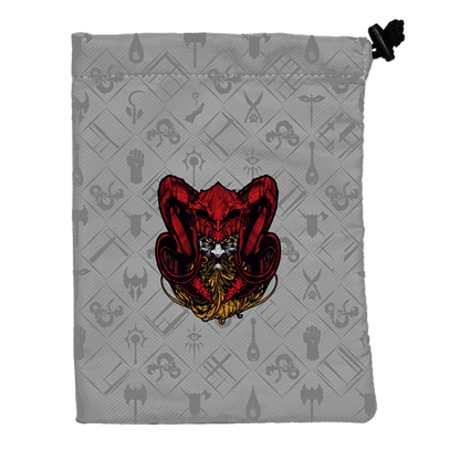 A grey Dungeons & Dragons dice bag featuring a red demon skull with horns and a golden beard. Brand: Hydro74, Item: Treasure Nest Dice Bag.