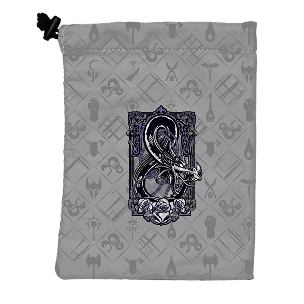 A grey Dungeons & Dragons dice bag featuring the iconic ampersand symbol intertwined with a dragon and roses. Brand: Hydro74, Item: Treasure Nest Dice Bag.