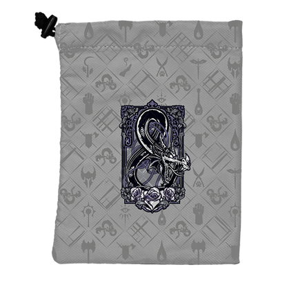A grey Dungeons & Dragons dice bag featuring the iconic ampersand symbol intertwined with a dragon and roses. Brand: Hydro74, Item: Treasure Nest Dice Bag.