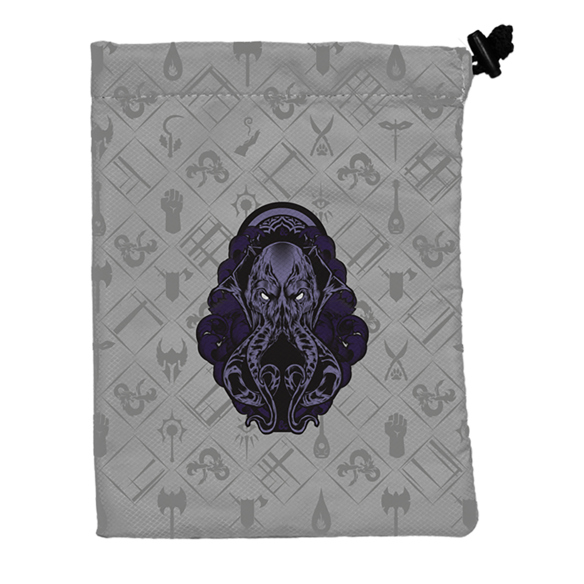 A grey Dungeons & Dragons dice bag featuring a purple Cthulhu-inspired design. Brand: Hydro74, Item: Treasure Nest Dice Bag.