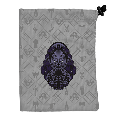 A grey Dungeons & Dragons dice bag featuring a purple Cthulhu-inspired design. Brand: Hydro74, Item: Treasure Nest Dice Bag.