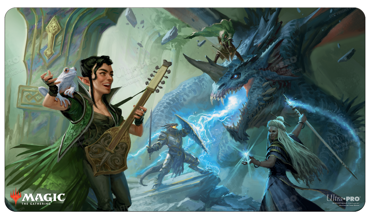 A colorful Magic: The Gathering playmat featuring a fantasy scene with a blue dragon, adventurers, and a bard. Brand: Ultra PRO, Item: Adventures in the Forgotten Realms The Party Fighting Blue Dragon Standard Gaming Playmat.