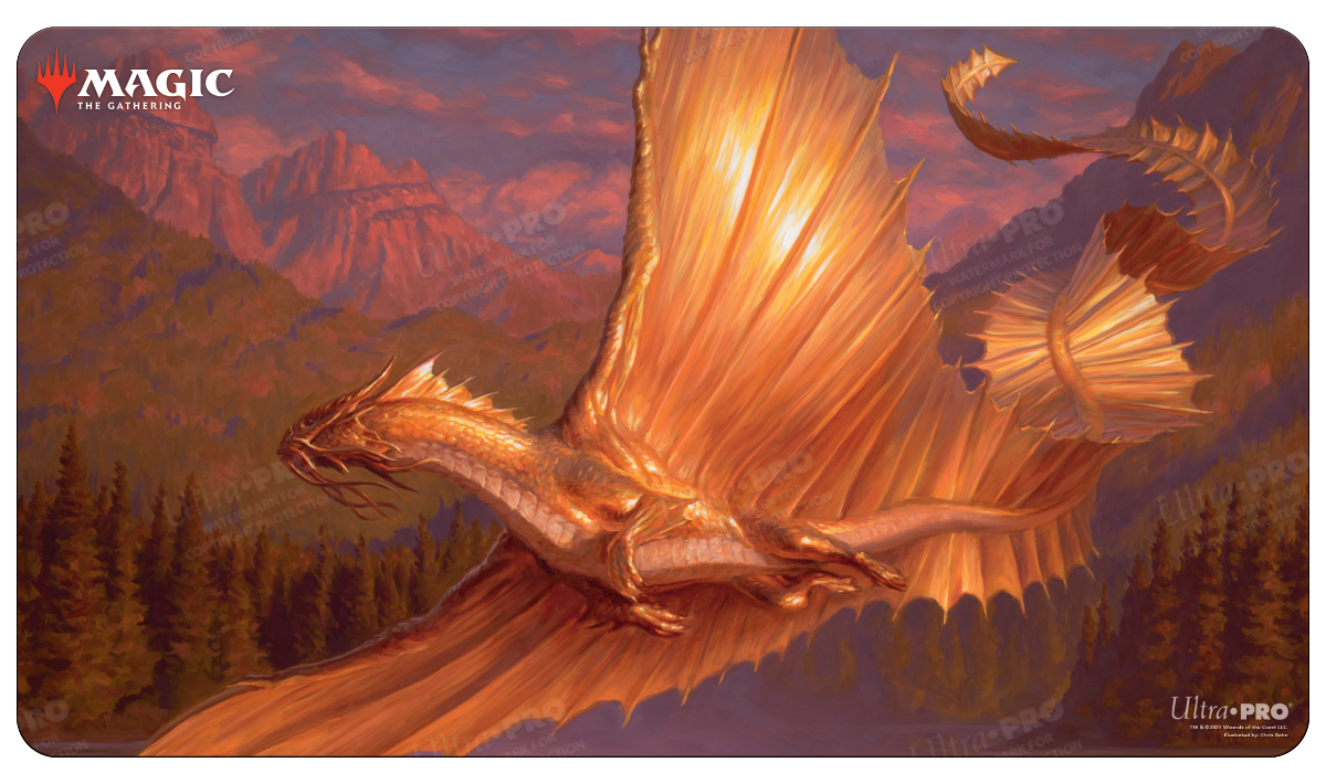 A golden dragon flying over mountains and forests, Magic: The Gathering playmat. Brand: Ultra PRO, Item: Adventures in the Forgotten Realms Adult Gold Dragon Standard Gaming Playmat