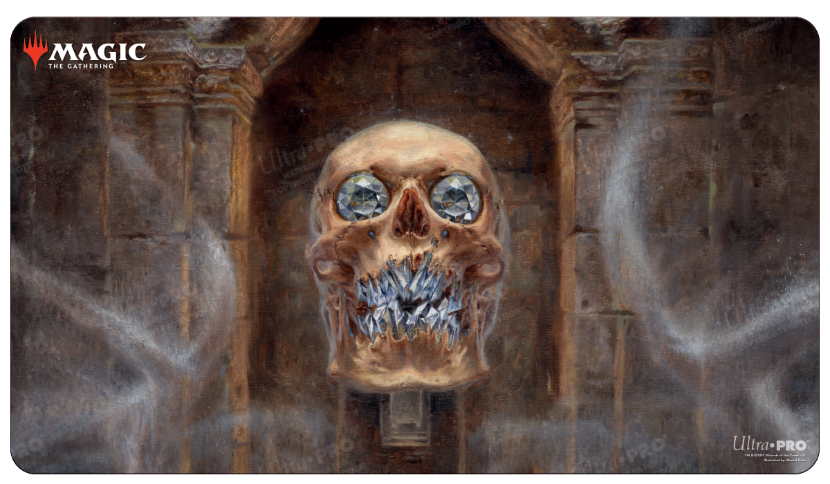 A detailed gaming playmat featuring the Demilich from Magic: The Gathering, with a skull adorned with gems and sharp teeth, set against an ancient stone backdrop. Brand: Ultra PRO, Item: Adventures in the Forgotten Realms Demilich Standard Gaming Playmat.