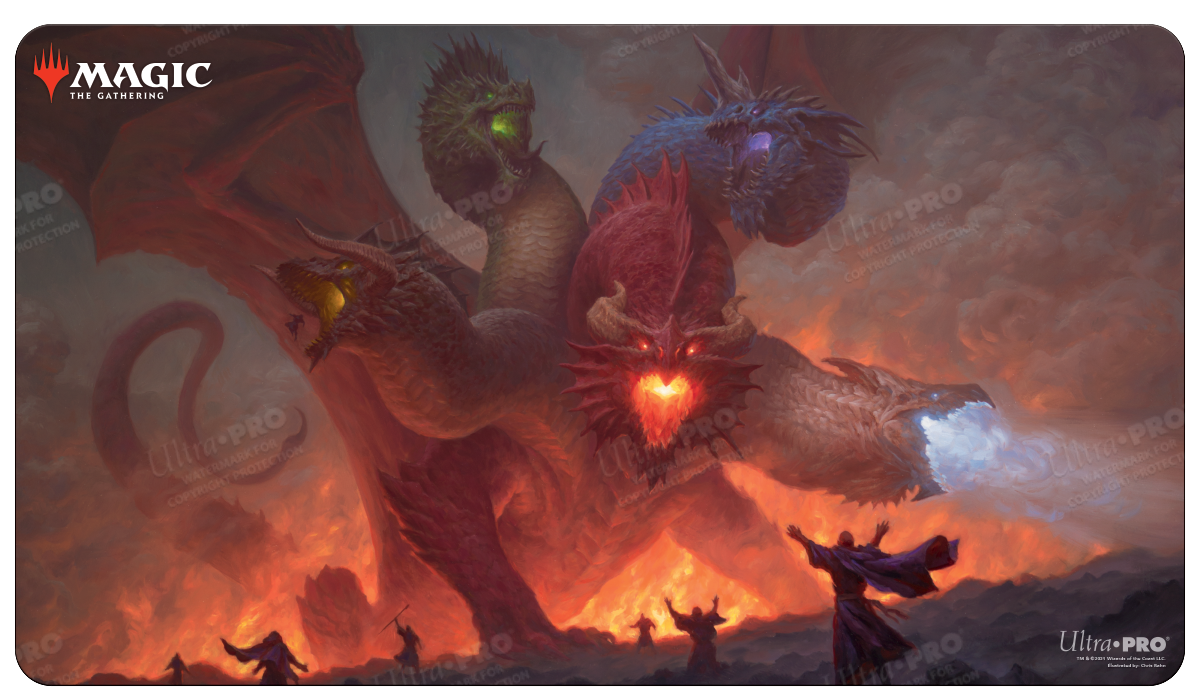 A red, multi-headed dragon playmat. Brand: Ultra PRO, Item: Adventures in the Forgotten Realms Tiamat Standard Gaming Playmat for Magic: The Gathering