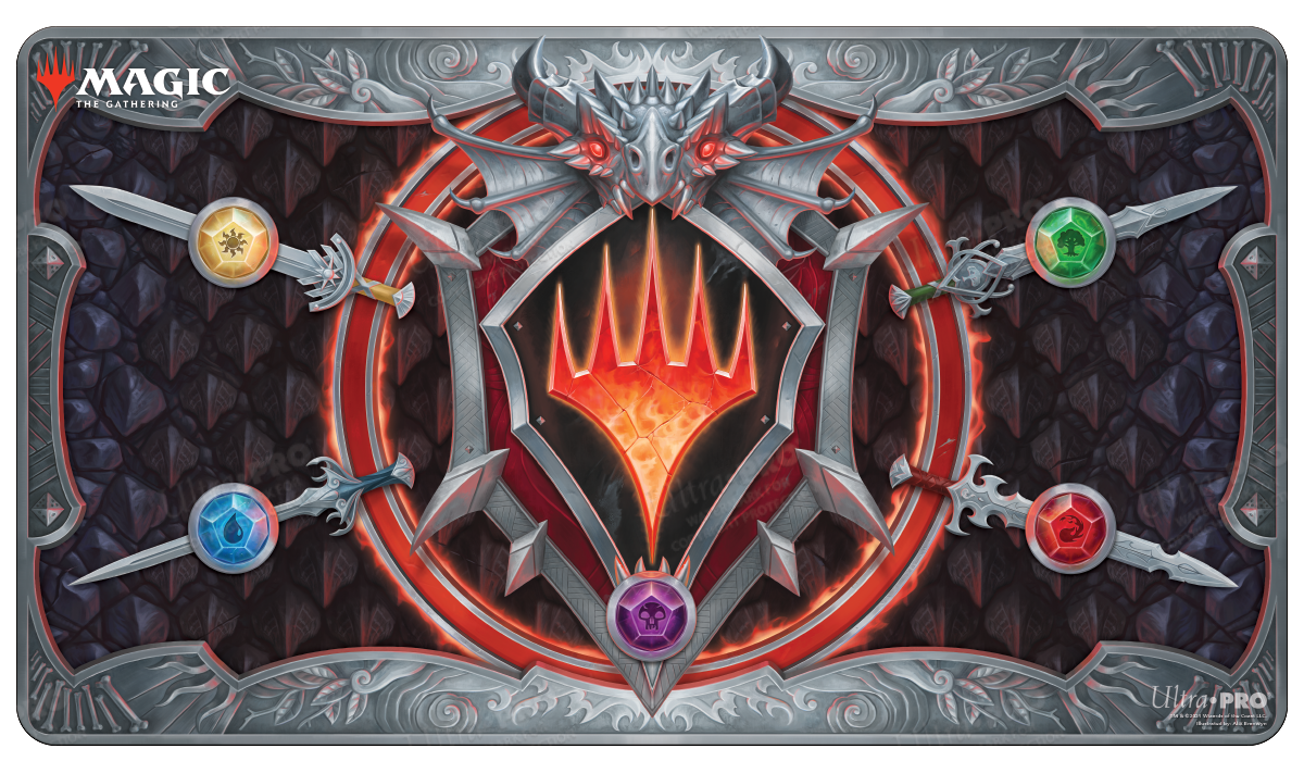 A white stitched Magic: The Gathering playmat featuring the stylized Planeswalker symbol and dragon motif. Brand: Ultra PRO, Item: Adventures in the Forgotten Realms Stylized Planeswalker Symbol White Stitched Standard Gaming Playmat