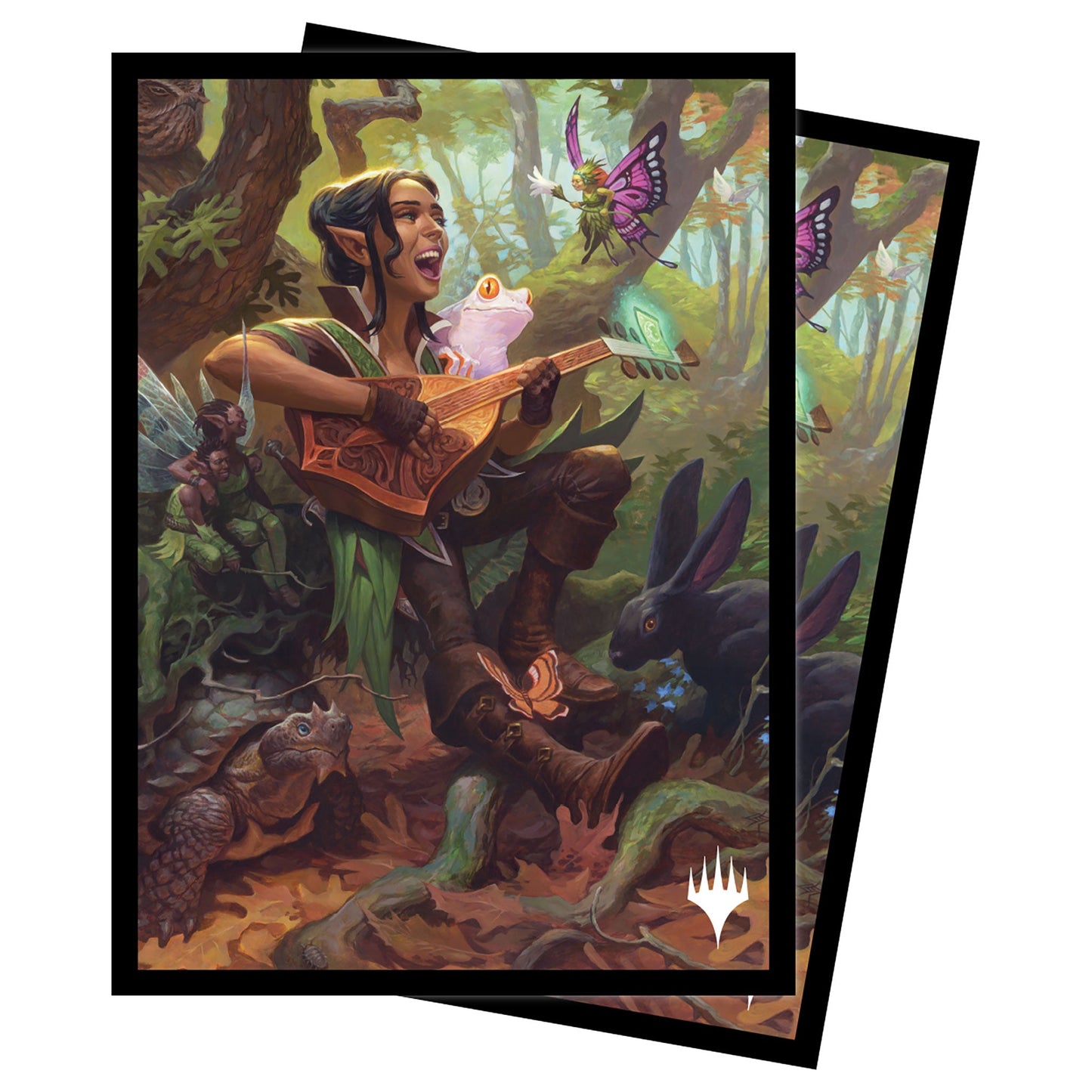 A colorful illustration of Ellywick Tumblestrum playing a lute with forest creatures, Ultra PRO Magic: The Gathering Standard Deck Protector Sleeves.