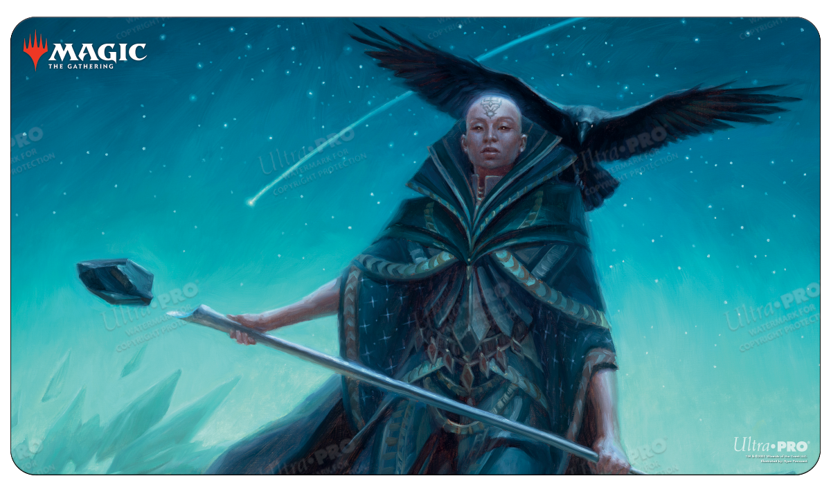 A blue and teal gaming playmat featuring Sefris of the Hidden Ways from Magic: The Gathering. Brand: Ultra PRO, Item: Commander Adventures in the Forgotten Realms Sefris of the Hidden Ways Standard Gaming Playmat.