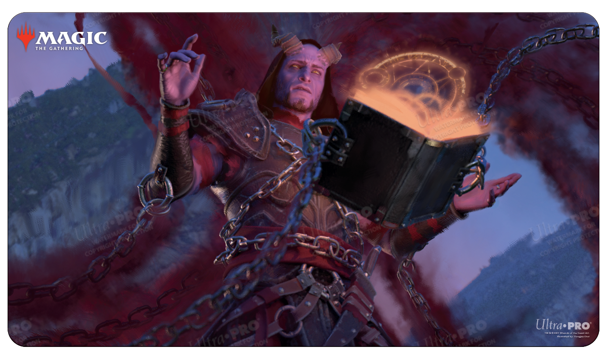 A Magic: The Gathering Commander playmat featuring Prosper, Tome-Bound casting a spell from a book. Brand: Ultra PRO, Item: Commander Adventures in the Forgotten Realms Prosper, Tome-Bound Standard Gaming Playmat.