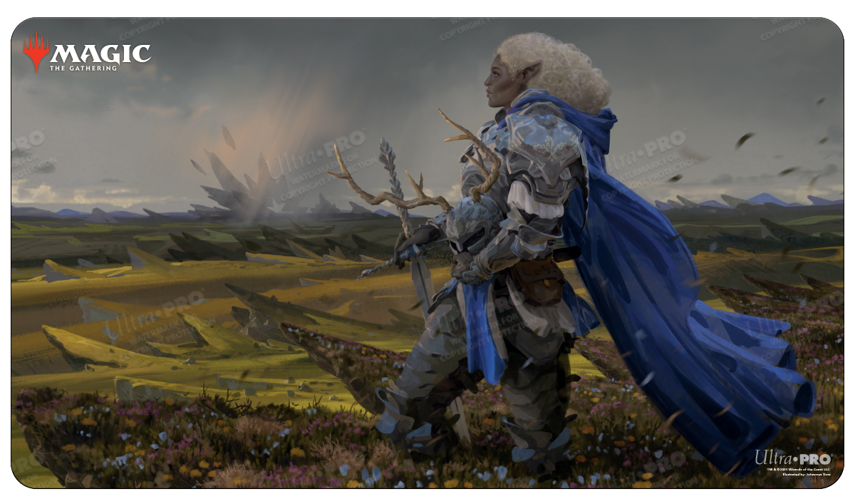 A Magic: The Gathering "Galea, Kindler of Hope" gaming playmat by Ultra PRO, featuring an elf warrior in ornate armor and a blue cape standing in a grassy field.