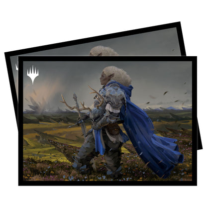 A blue and silver armored elf with curly blonde hair and a blue cape, holding a sword and helmet, standing in a field of flowers. Magic: The Gathering logo visible.