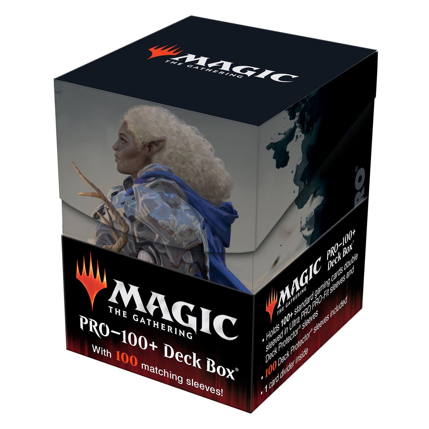 A black and blue Magic: The Gathering PRO-100+ Deck Box featuring artwork of an elf. Brand: Ultra PRO, Item: PRO-100+ Deck Box with 100 matching sleeves.
