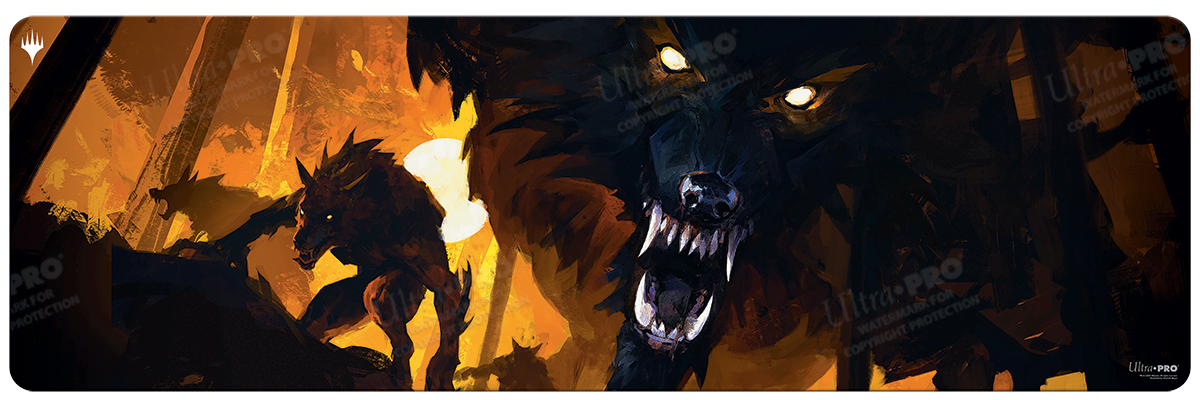 A dark fantasy playmat featuring werewolves and a full moon, with the Magic: The Gathering logo. Brand: Ultra PRO, Item: Innistrad: Midnight Hunt Draft Booster Key Art 8ft Table Playmat.