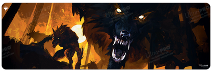 A dark fantasy playmat featuring werewolves and a full moon, with the Magic: The Gathering logo. Brand: Ultra PRO, Item: Innistrad: Midnight Hunt Draft Booster Key Art 8ft Table Playmat.
