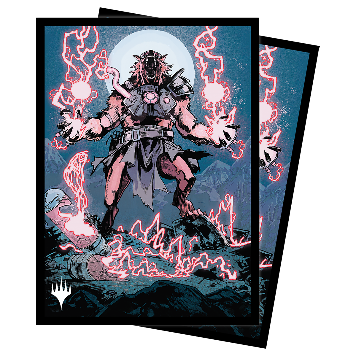 A black and red Storm-Charged Slasher Standard DECK PROTECTOR® Sleeves (100ct) for Magic: The Gathering. Brand: Ultra PRO, Item: Innistrad: Midnight Hunt Storm-Charged Slasher Standard DECK PROTECTOR® Sleeves (100ct).