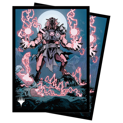 A black and red Storm-Charged Slasher Standard DECK PROTECTOR® Sleeves (100ct) for Magic: The Gathering. Brand: Ultra PRO, Item: Innistrad: Midnight Hunt Storm-Charged Slasher Standard DECK PROTECTOR® Sleeves (100ct).