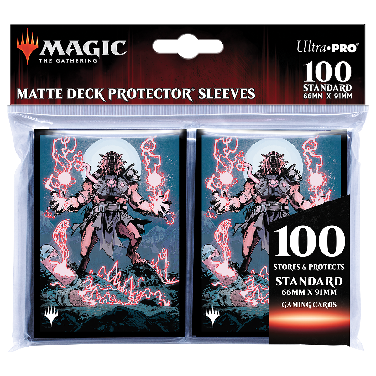 A black and blue matte deck protector sleeves featuring the Storm-Charged Slasher artwork from Magic: The Gathering. Brand: Ultra Pro, Item: Innistrad: Midnight Hunt Storm-Charged Slasher Standard DECK PROTECTOR® Sleeves (100ct).