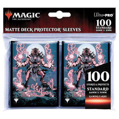 A black and blue matte deck protector sleeves featuring the Storm-Charged Slasher artwork from Magic: The Gathering. Brand: Ultra Pro, Item: Innistrad: Midnight Hunt Storm-Charged Slasher Standard DECK PROTECTOR® Sleeves (100ct).