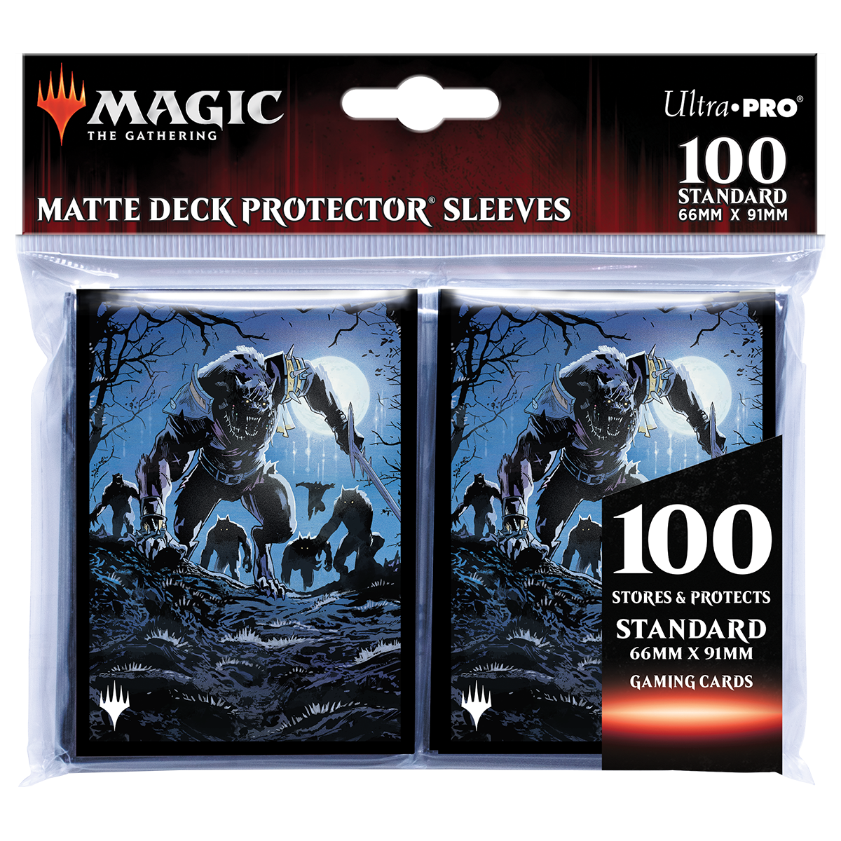 A matte blue Magic: The Gathering deck protector sleeves featuring Tovolar, the Midnight Scourge. Brand: Ultra PRO, Item: Innistrad: Midnight Hunt Tovolar, the Midnight Scourge Standard DECK PROTECTOR® Sleeves (100ct).