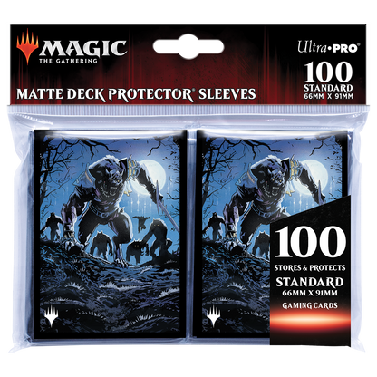 A matte blue Magic: The Gathering deck protector sleeves featuring Tovolar, the Midnight Scourge. Brand: Ultra PRO, Item: Innistrad: Midnight Hunt Tovolar, the Midnight Scourge Standard DECK PROTECTOR® Sleeves (100ct).