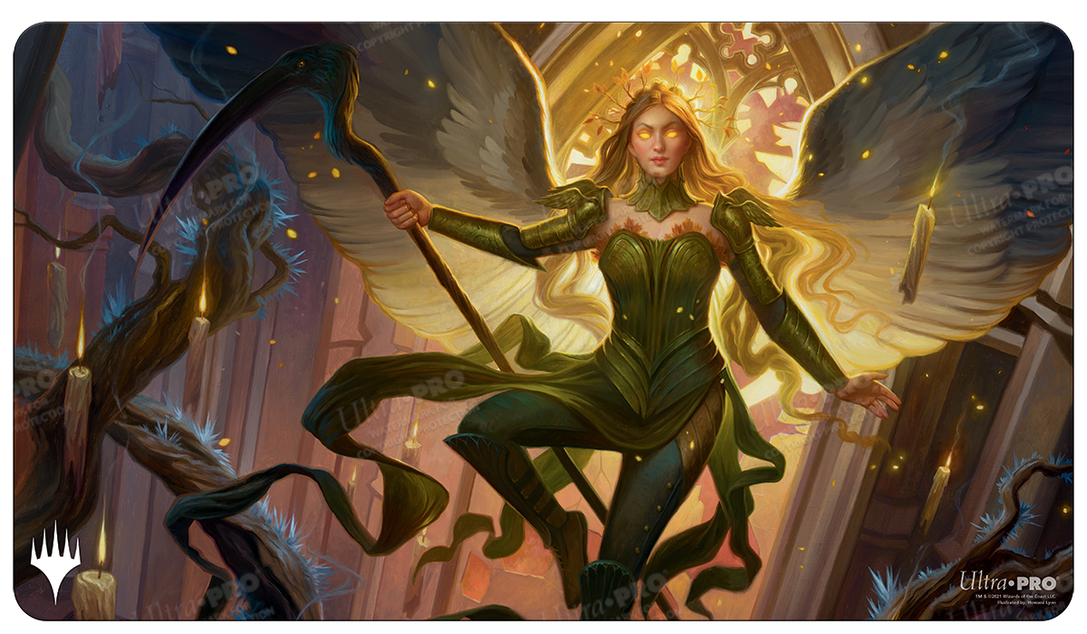 A fantasy art Standard Gaming Playmat featuring Sigarda, Champion of Light from Magic: The Gathering. Brand: Ultra PRO, Item: Innistrad: Midnight Hunt Sigarda, Champion of Light Standard Gaming Playmat.