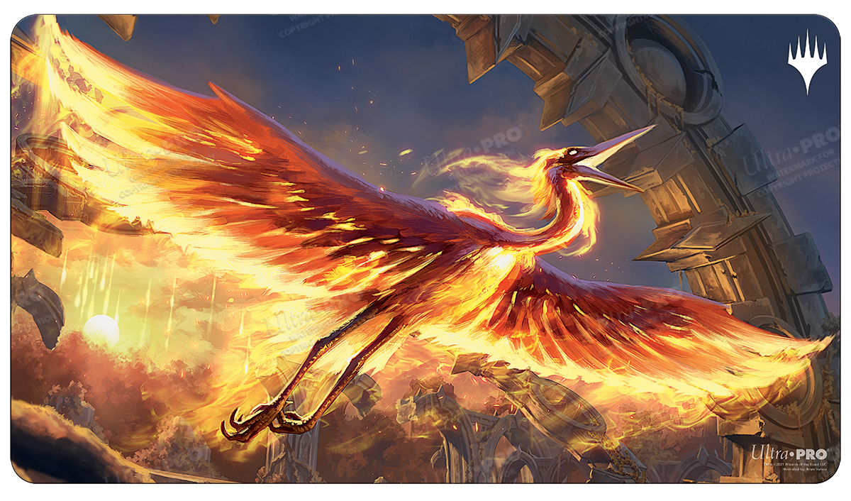 A fiery Sunstreak Phoenix gaming playmat. Brand: Ultra PRO, Item: Innistrad: Midnight Hunt Sunstreak Phoenix Standard Gaming Playmat for Magic: The Gathering