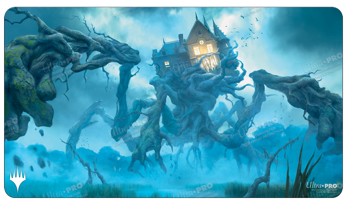 A blue and grey Creeping Inn Standard Gaming Playmat. Brand: Ultra PRO, Item: Innistrad: Midnight Hunt Creeping Inn Standard Gaming Playmat for Magic: The Gathering