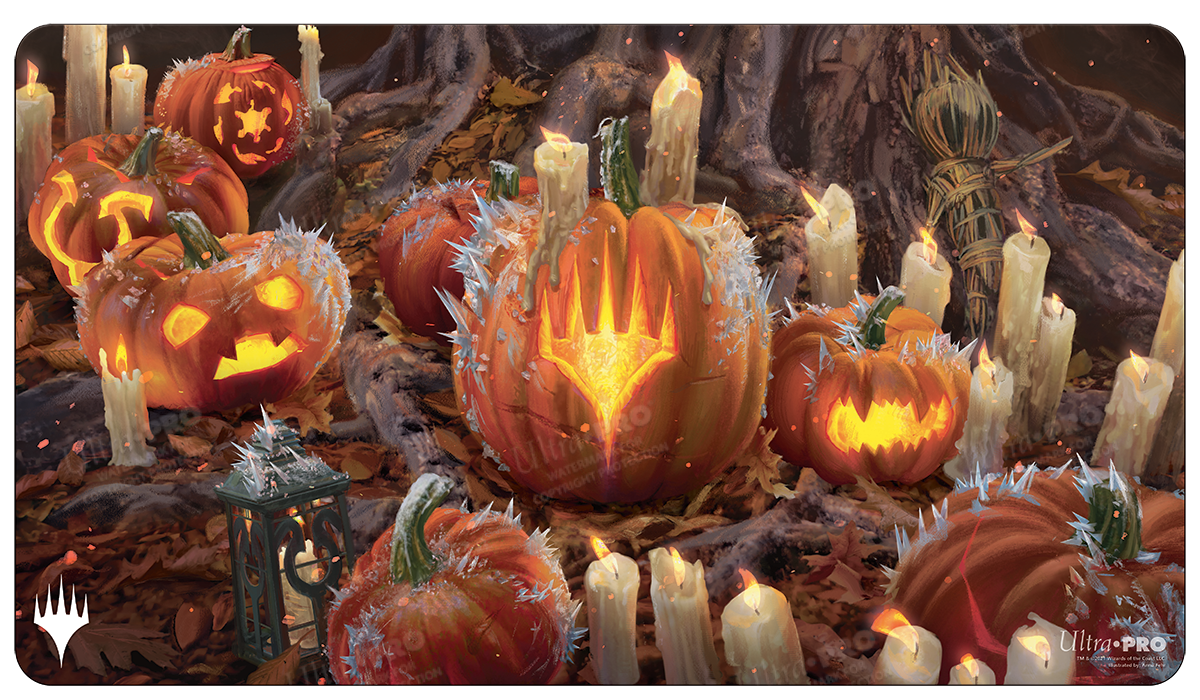 A stylized Magic: The Gathering Innistrad: Midnight Hunt Planeswalker symbol carved into a jack-o'-lantern, surrounded by candles and frost. Brand: Ultra PRO, Item: Innistrad: Midnight Hunt Stylized Planeswalker Symbol Standard Gaming Playmat.