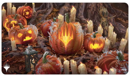 A stylized Magic: The Gathering Innistrad: Midnight Hunt Planeswalker symbol carved into a jack-o'-lantern, surrounded by candles and frost. Brand: Ultra PRO, Item: Innistrad: Midnight Hunt Stylized Planeswalker Symbol Standard Gaming Playmat.