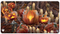 A stylized Magic: The Gathering Innistrad: Midnight Hunt Planeswalker symbol carved into a jack-o'-lantern, surrounded by candles and frost. Brand: Ultra PRO, Item: Innistrad: Midnight Hunt Stylized Planeswalker Symbol Standard Gaming Playmat.