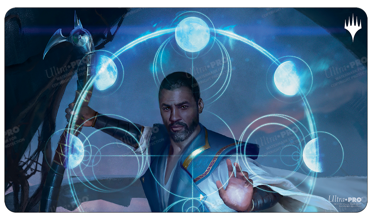 A blue and white Magic: The Gathering playmat featuring Teferi, Who Slows the Sunset from Innistrad: Midnight Hunt. Brand: Ultra PRO, Item: Innistrad: Midnight Hunt Teferi, Who Slows the Sunset Standard Gaming Playmat.