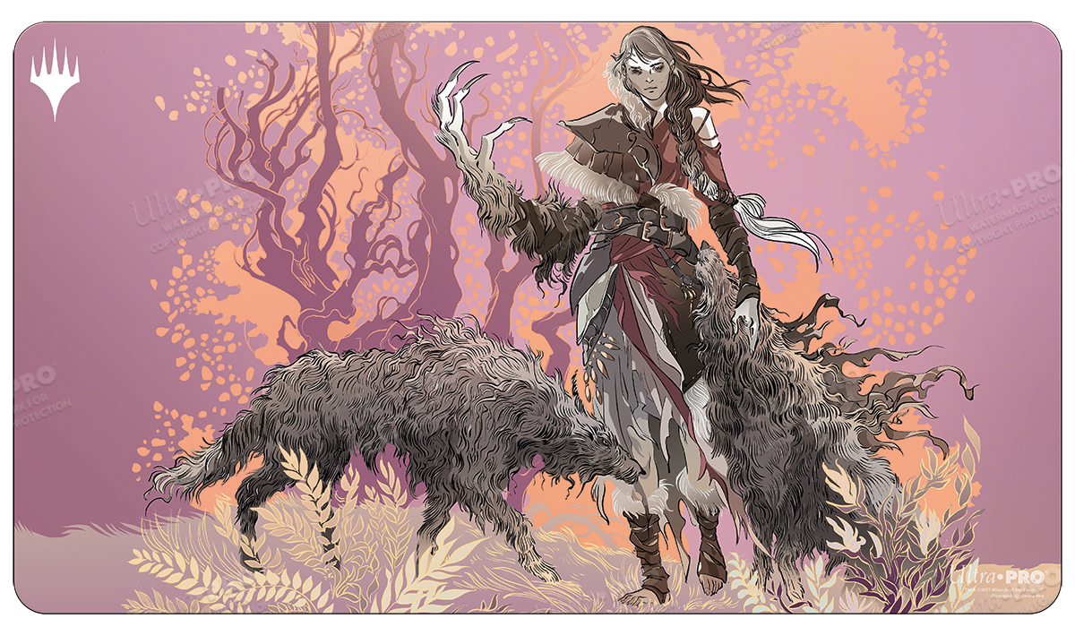 A purple and orange stylized illustration of Arlinn the Pack Leader with two wolves, from Magic: The Gathering. Brand: Ultra PRO, Item: Innistrad: Midnight Hunt Arlinn the Pack Leader Double-Sided Standard Gaming Playmat.