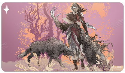 A purple and orange stylized illustration of Arlinn the Pack Leader with two wolves, from Magic: The Gathering. Brand: Ultra PRO, Item: Innistrad: Midnight Hunt Arlinn the Pack Leader Double-Sided Standard Gaming Playmat.