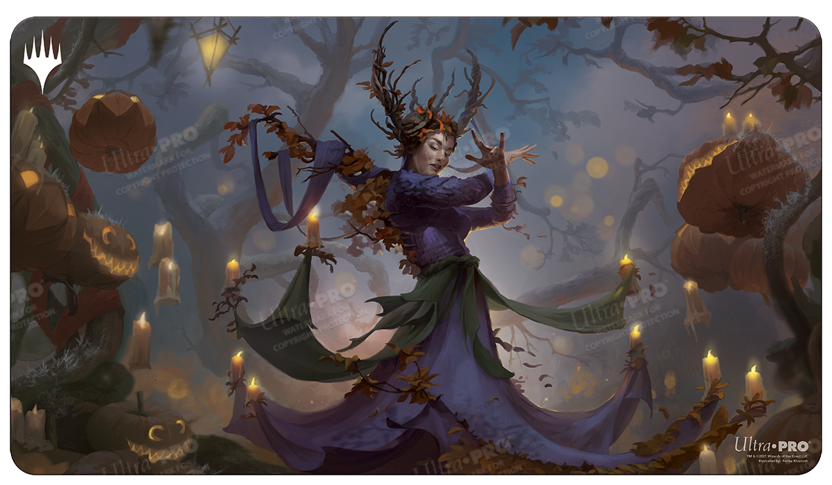 A dark fantasy gaming playmat featuring Leinore, Autumn Sovereign from Magic: The Gathering's Innistrad: Midnight Hunt set, surrounded by pumpkins and candles. Brand: Ultra PRO, Item: Innistrad: Midnight Hunt Leinore, Autumn Sovereign Standard Gaming Playmat.