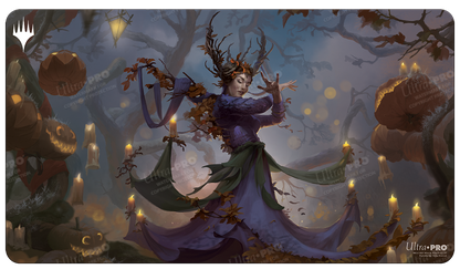 A dark fantasy gaming playmat featuring Leinore, Autumn Sovereign from Magic: The Gathering's Innistrad: Midnight Hunt set, surrounded by pumpkins and candles. Brand: Ultra PRO, Item: Innistrad: Midnight Hunt Leinore, Autumn Sovereign Standard Gaming Playmat.