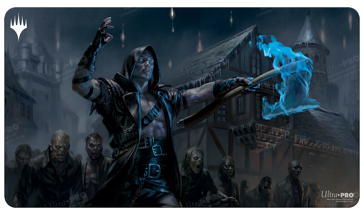 A dark fantasy playmat featuring Wilhelt the Rotcleaver from Magic: The Gathering, surrounded by zombies. Brand: Ultra PRO, Item: Innistrad: Midnight Hunt Wilhelt the Rotcleaver Standard Gaming Playmat.