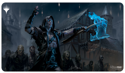 A dark fantasy playmat featuring Wilhelt the Rotcleaver from Magic: The Gathering, surrounded by zombies. Brand: Ultra PRO, Item: Innistrad: Midnight Hunt Wilhelt the Rotcleaver Standard Gaming Playmat.