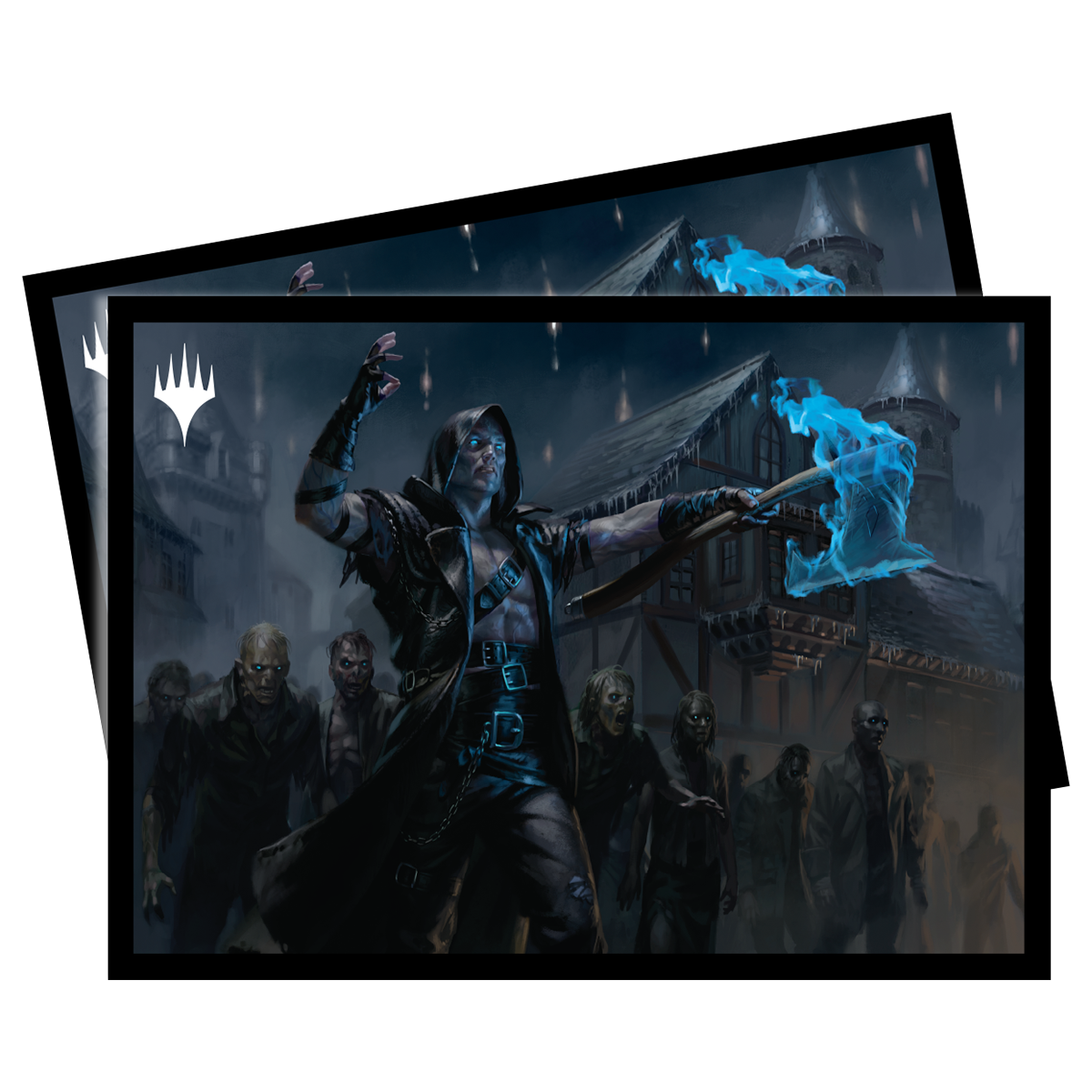 A black Magic: The Gathering card sleeve featuring Wilhelt, the Rotcleaver commanding a horde of zombies in a dark, gothic city. Brand: Magic: The Gathering, Item: Innistrad: Midnight Hunt Wilhelt, the Rotcleaver Commander Combo Box.