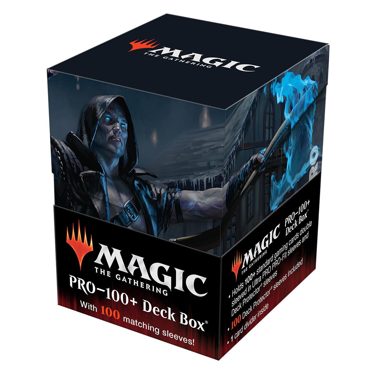 A black Magic: The Gathering PRO-100+ Deck Box with 100 matching sleeves featuring artwork from Innistrad: Midnight Hunt.