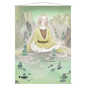 A yellow silk wall scroll featuring an elven woman meditating amidst stacked stones, with mountains in the background. Brand: Ultra PRO, Item: Harmonize Mystical Archive Wall Scroll For Magic The Gathering