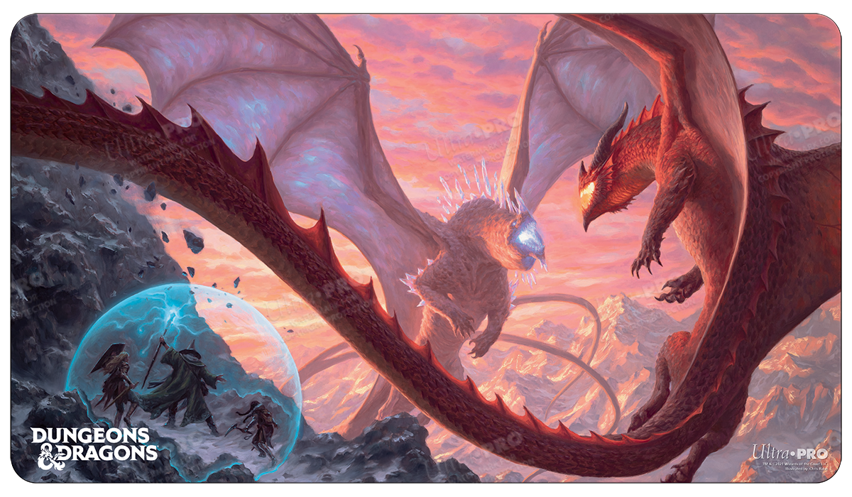 A Dungeons & Dragons Standard Gaming Playmat featuring a battle between red and white dragons with adventurers protected by a magical shield. Brand: Ultra PRO, Item: Cover Series Fizban's Treasury of Dragons Standard Gaming Playmat.