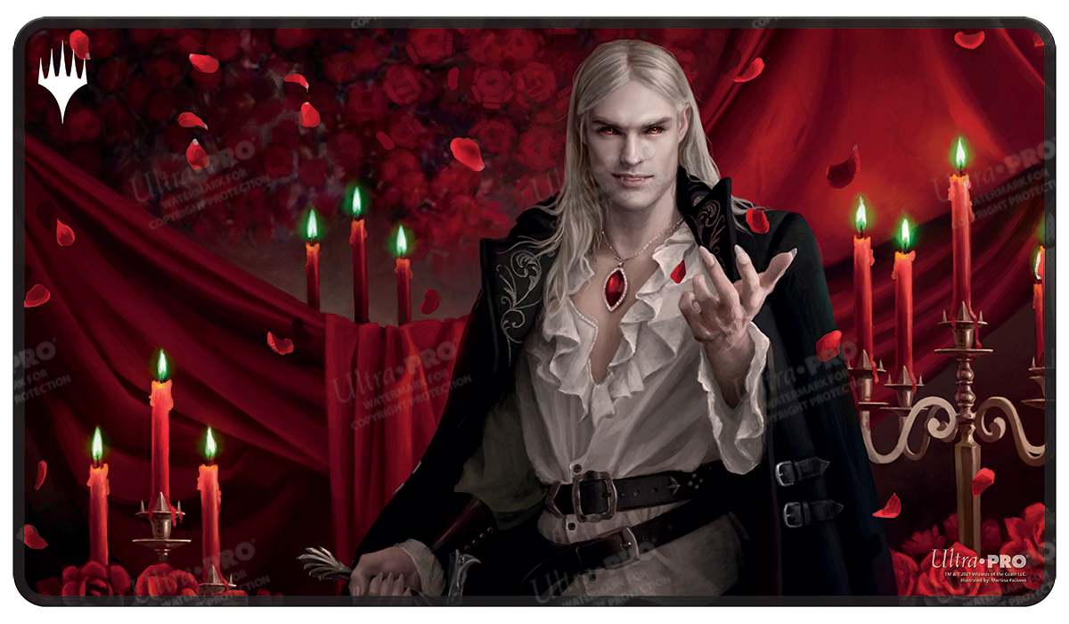A dark fantasy gaming playmat featuring Sorin from Magic: The Gathering, surrounded by red roses and candles. Brand: Ultra PRO, Item: Innistrad: Crimson Vow Sorin Stitched Gaming Playmat